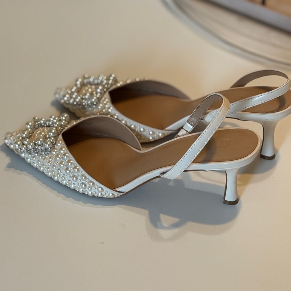 Elegant Embellished Ivory Slingback Heels - Size 11